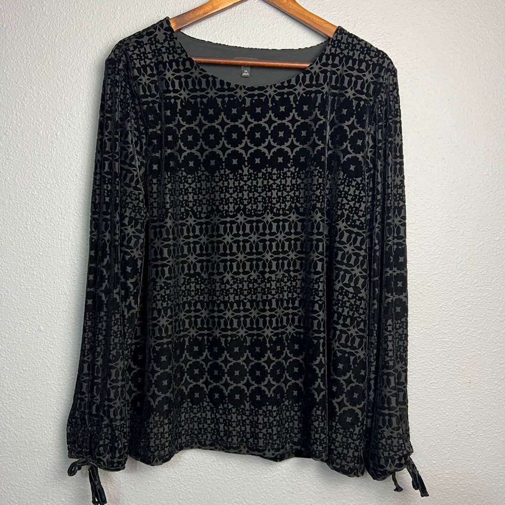 Talbots XL Black Burnout Crushed Velvet Geometric Textured Tie Cuff Blouse Top